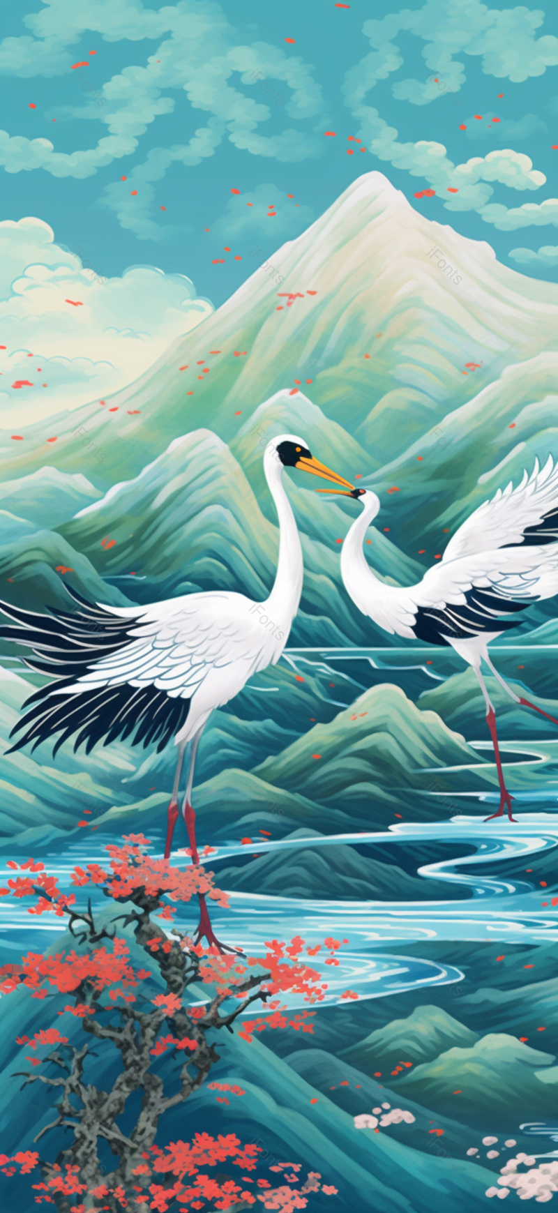 传统国潮中国风仙鹤和高山插画,插画/手绘图,插画/手绘图库,插画/手绘图下载,插画/手绘